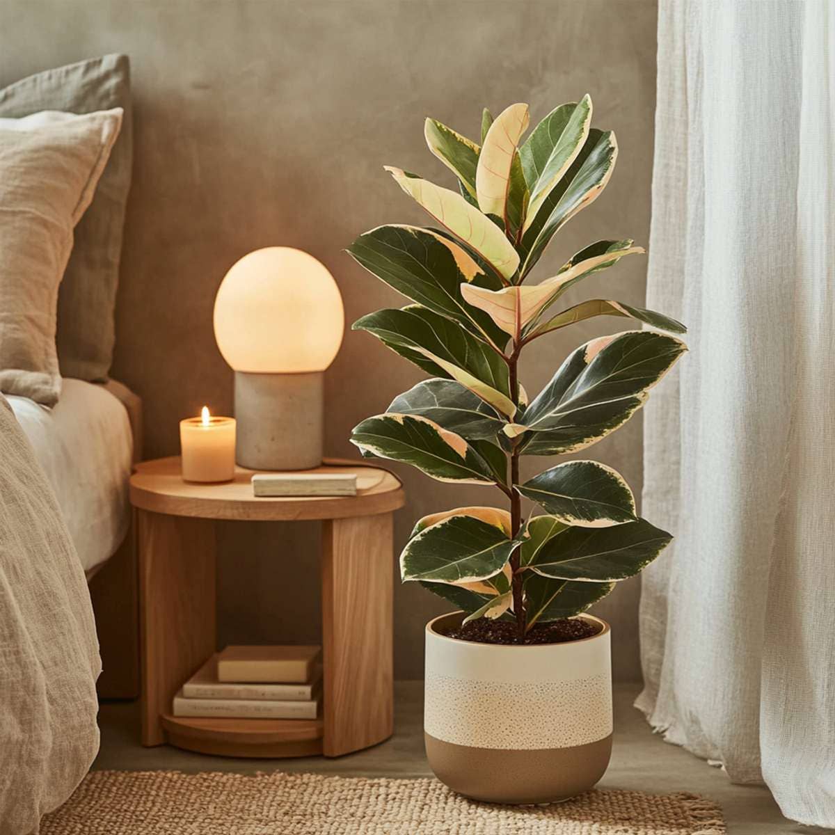Oasis of Life - Wholesale Live Plant - Ficus Rubber Tree – Ficus Elastica Tineke – Height 75–100cm – Ø24cm – Variegated Houseplant with Green & Cream-Colored Leaves – Air-Purifying & Easy-Care Plant for Living Room & Office8