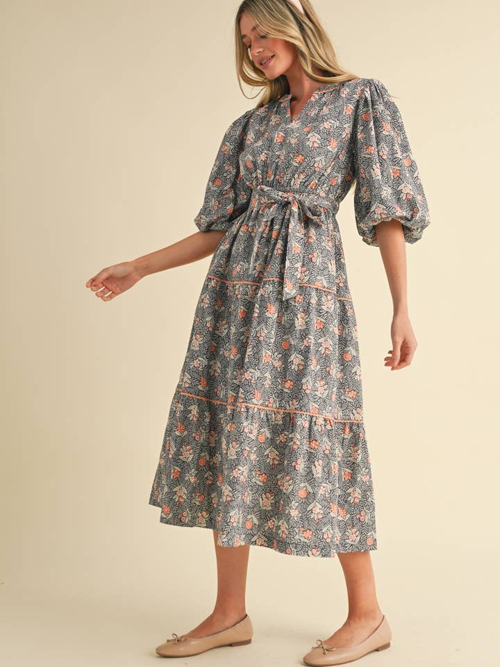 &MERCI - Wholesale Dress - Women's - BUBBLE SLEEVE LACE TRIM MIDI DRESS MDR343034