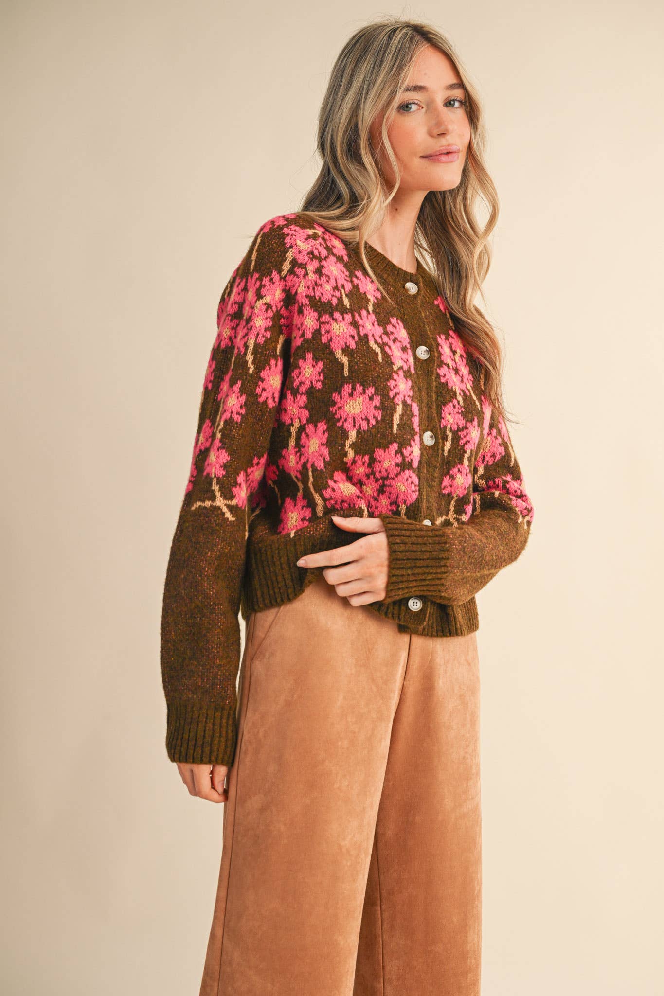 &MERCI - Wholesale Cardigan - Women's - FLORAL KNIT BUTTON DOWN SWEATER CARDIGAN MSW1123844