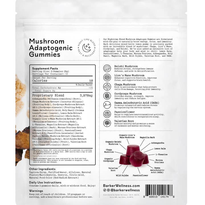 Barker Wellness Co - Wholesale Oral Supplement/Vitamin - Mushroom Adaptogen Gummies (Sugar-Free) - Nighttime
