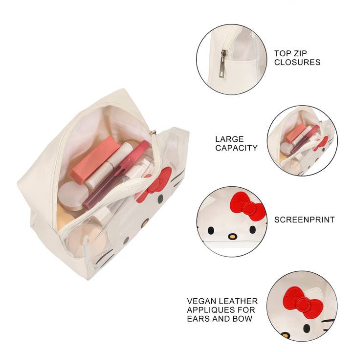 Bioworld Merchandising - Wholesale Makeup/Cosmetic Bag - Sanrio Hello Kitty Face Cosmetic Bag with 3D Bow and Zipper Closure1