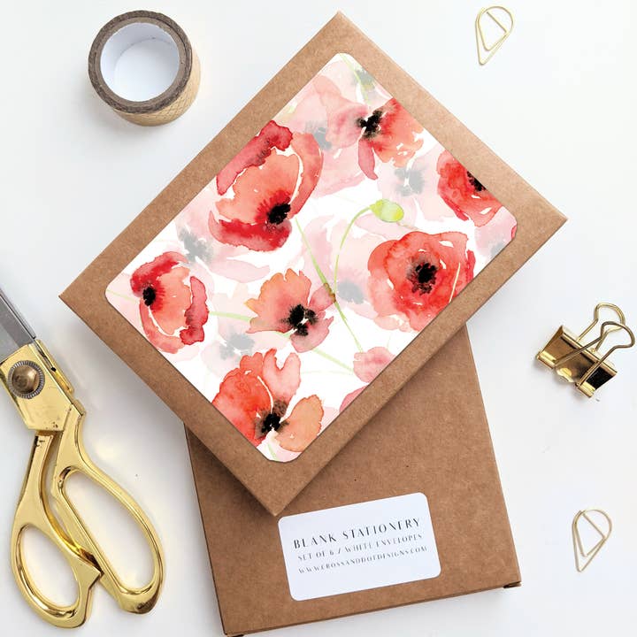 Stationery Set of 6 - Poppies for wholesale by Cross and Dot