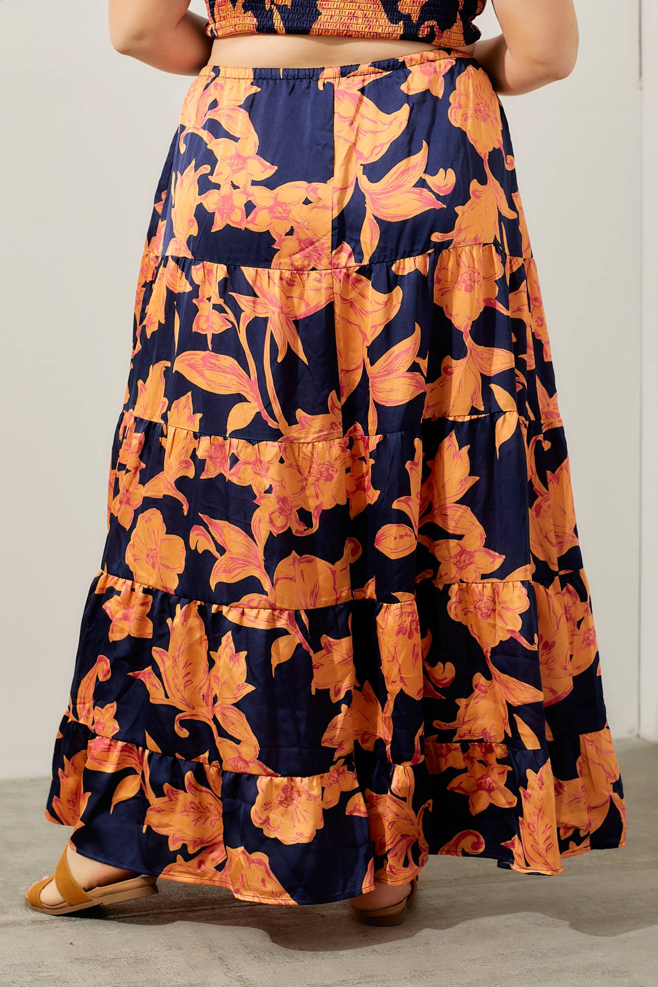 NAVY MULTI SATIN TIERED MAXI SKIRT for wholesale on Faire3