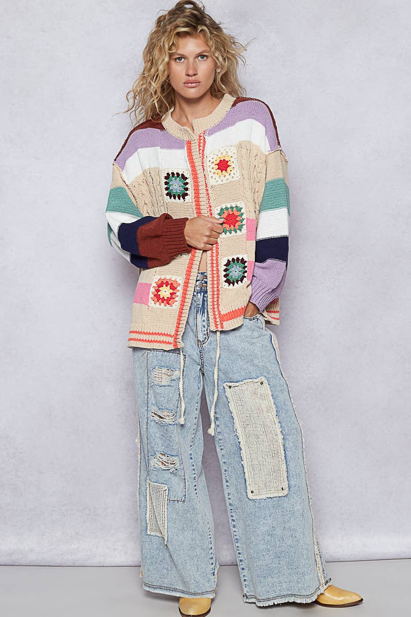 Pol Clothing - Wholesale Cardigan - Women's - Balloon Sleeve Handmade Patch Open Cardigan11