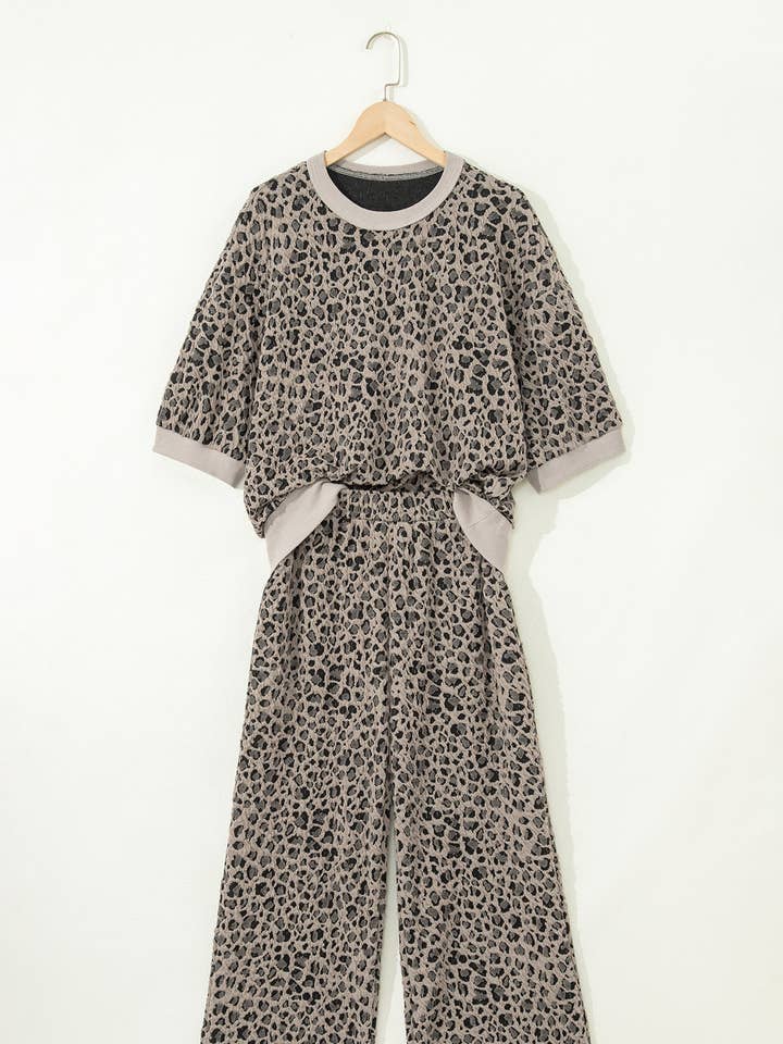 Leopard Textured Short Sleeve Jumper and Pants Set for wholesale by PRETTY BASH