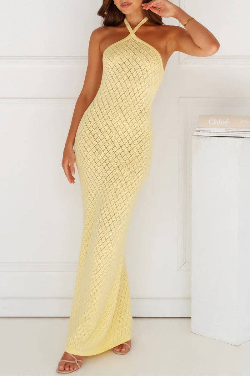 JAUNE Robe longue dos nu côtelée en vente sur Faire0