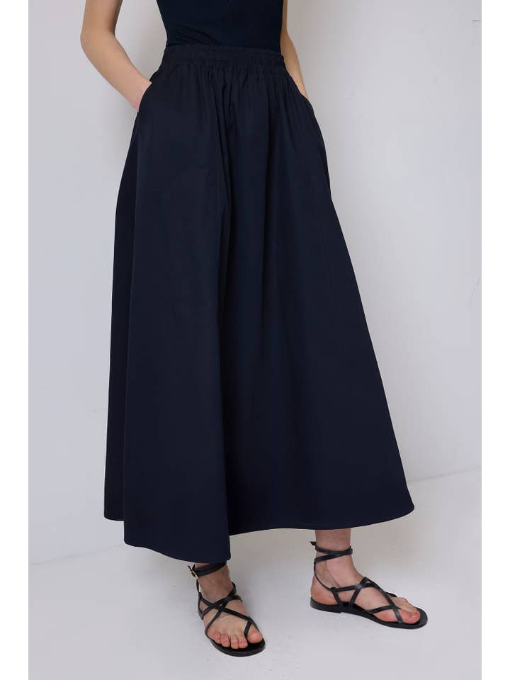 Navy Blue HIGH-WAISTED A-LINE MAXI SKIRT - ELASTIC WAIST, COTTON BLEND for wholesale on Faire