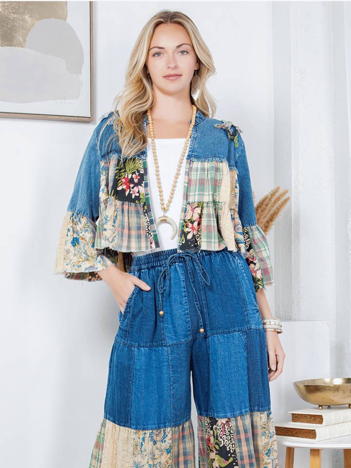 Young Threads - Wholesale Shirt Jacket/Shacket - Women's - Western Boho Chic: Tiered Patchwork Denim Cropped Shrug