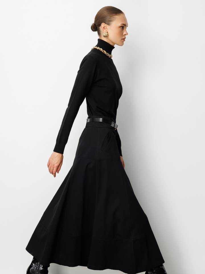 Mizalle Women's Belted Cotton Twill Midi Skirt for wholesale by Mizalle