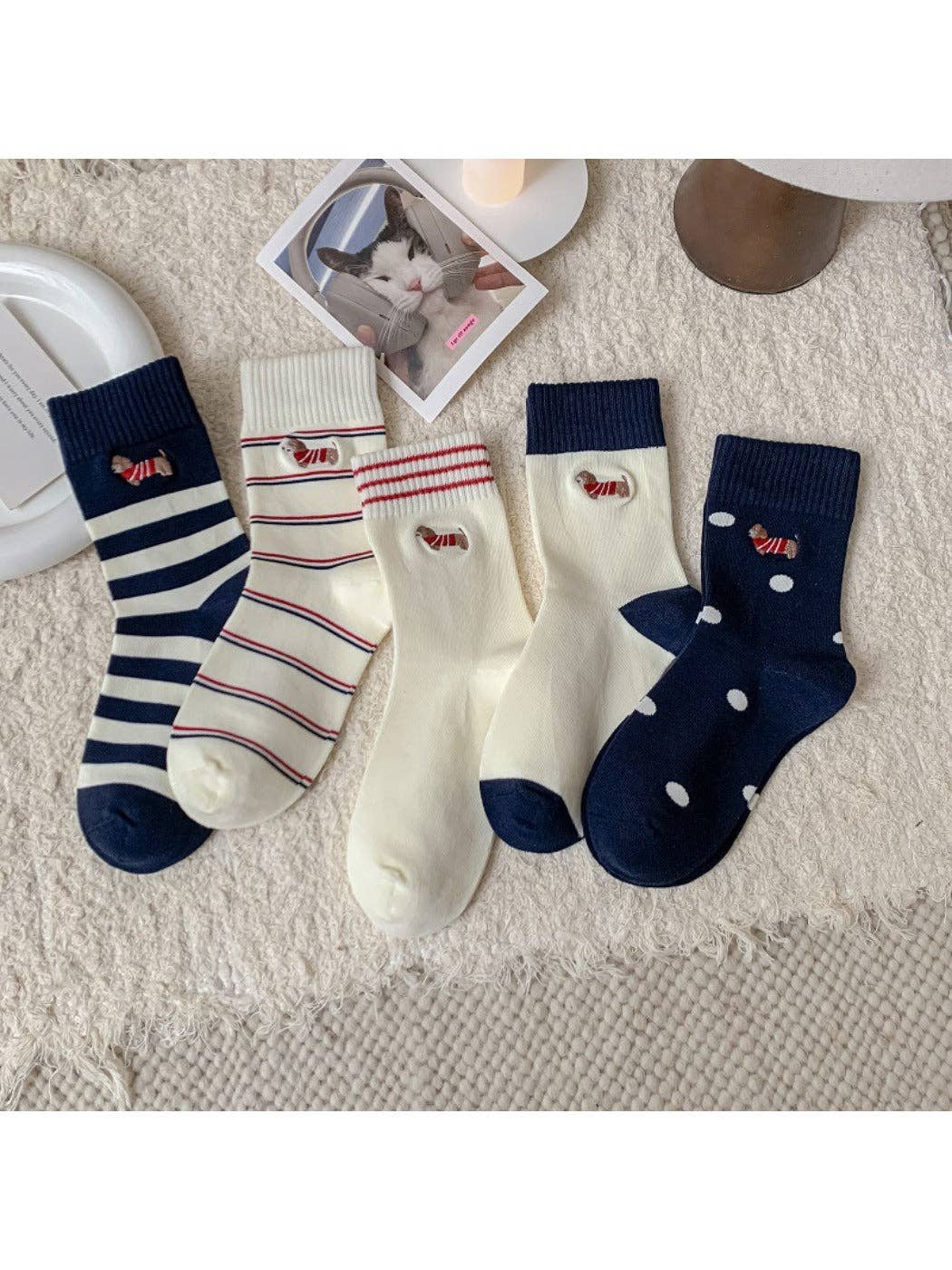 Funkyrel® Atzbranding Limited - Wholesale Sokken - Dames - Rufia - Cartoon Hond Geborduurde Gestreepte Sokken6