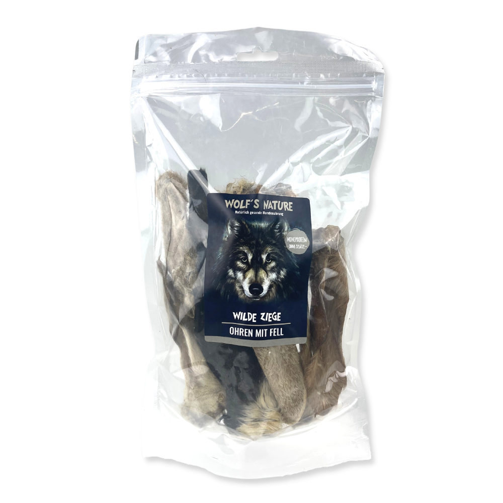 Lucky-Pet Handels- und Produktions GmbH – snacks e guloseimas - Cão por atacado – Wolf's Nature Orelhas de Cabra Selvagem com Pelo 150 g1