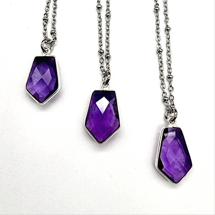 MergingMetals - Wholesale Pendant/Charm Necklace - Dainty Faceted Amethyst Wide Hexagon Necklace