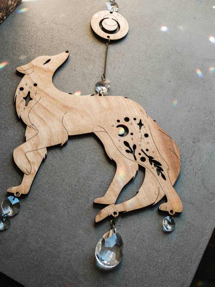 Lunar Wolf Dog Wooden Hanging Suncatcher w/ Crystal Prisms for wholesale by HEX Botanical