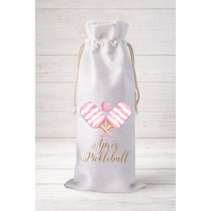 Apres Pickleball Pink, Wine Bottle Gift Bag – Reusable Drawstring Canvas Bag for wholesale by Moman Sales, Inc.