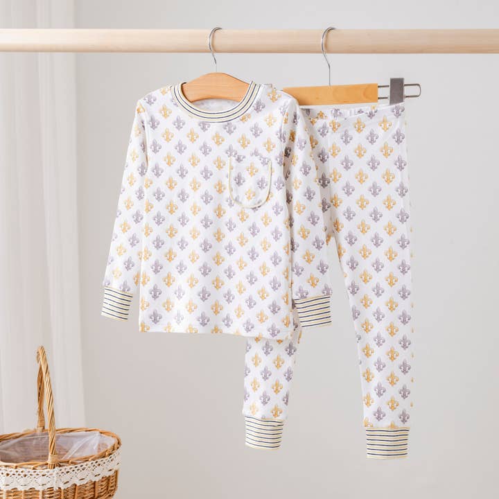 Black and Gold Fleur de Lis Organic Cotton Kids Pajamas (Stripe Trim) for wholesale by Nola Tawk