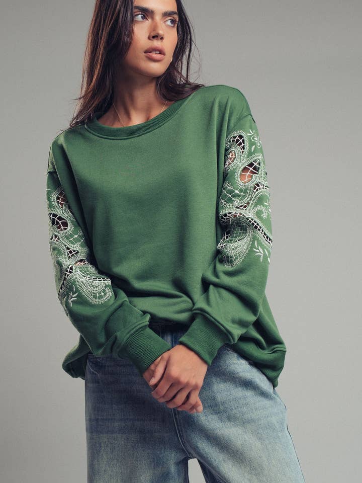 Embroidered Patchwork Sleeve Sweatshirt for wholesale by Fashion Week