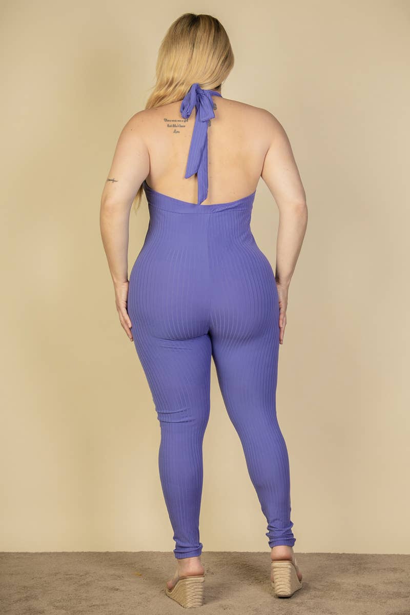 CAPELLA APPAREL - Wholesale Jumpsuit - Women's - Plus Size Halter V Neck Ribbed Bodycon Jumpsuit7