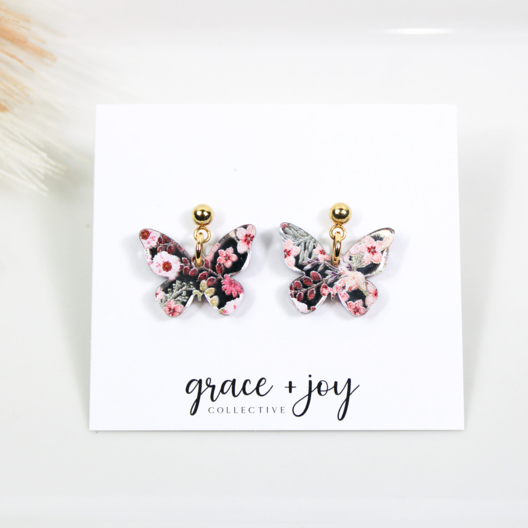Grace + Joy Collective - Wholesale Dangle Earrings - Pink Floral Butterfly Dangle Earrings, Acrylic Earrings 1