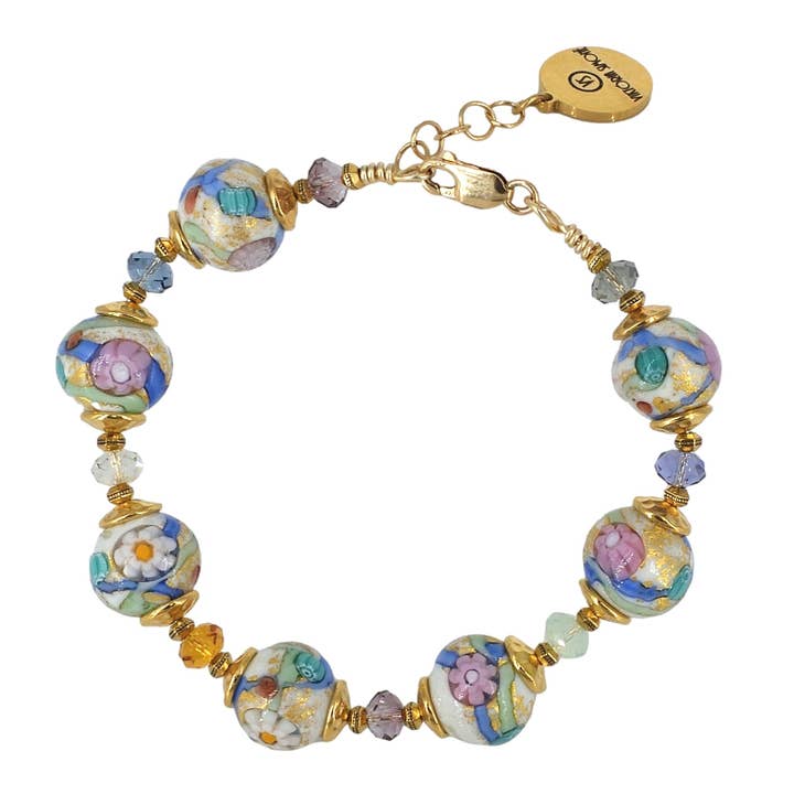 Multi-Color Floral Murano Glass Bead Bracelet with Austrian Crystals and Gold Filled Clasp for wholesale by Viktoria Simonë