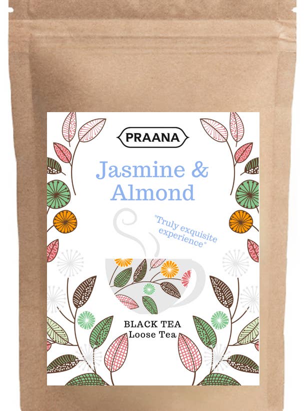 Sort te med jasminknopper og mandelsmag-cateringpakke for engroshandel hos PRAANA TEA
