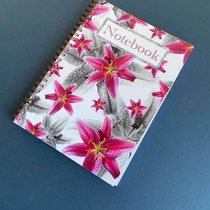 Pink lily A5 plain paper wiro bound NoteBook for wholesale by Alex Sharp