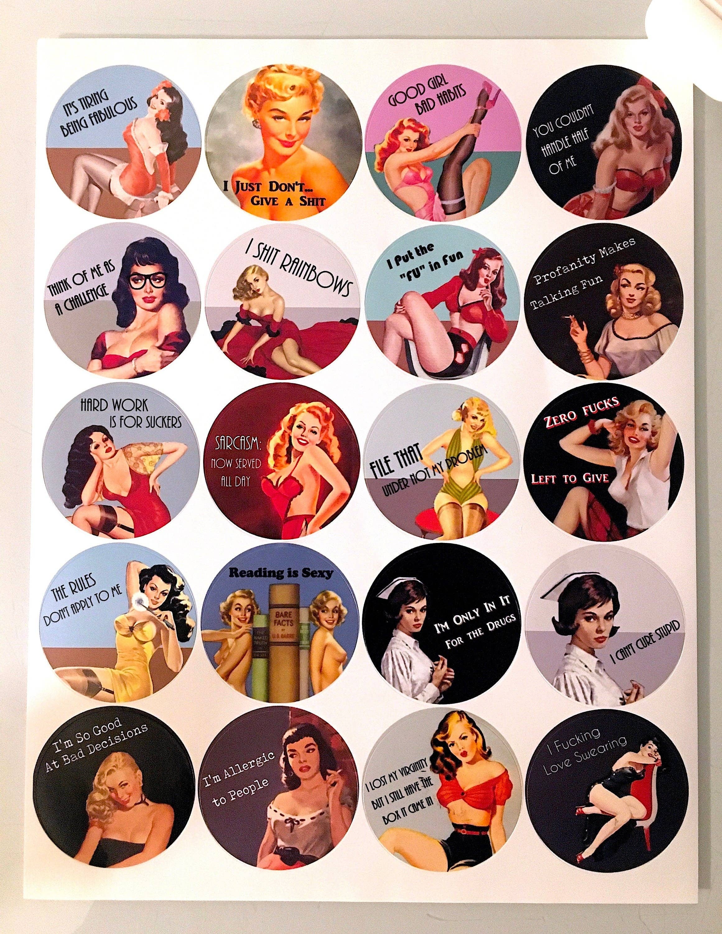 FringePop - Wholesale Sticker - Sassy Funny Pin Up Girl Sticker Sheet - 20 Stickers Pinup Retro Humor Naughty Pulp Fiction Bad Girls Mature1