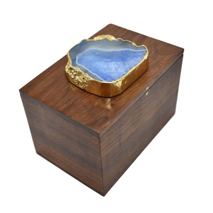 Square Wooden Box with Blue Agate Slice for wholesale by Olympus Minerals Co