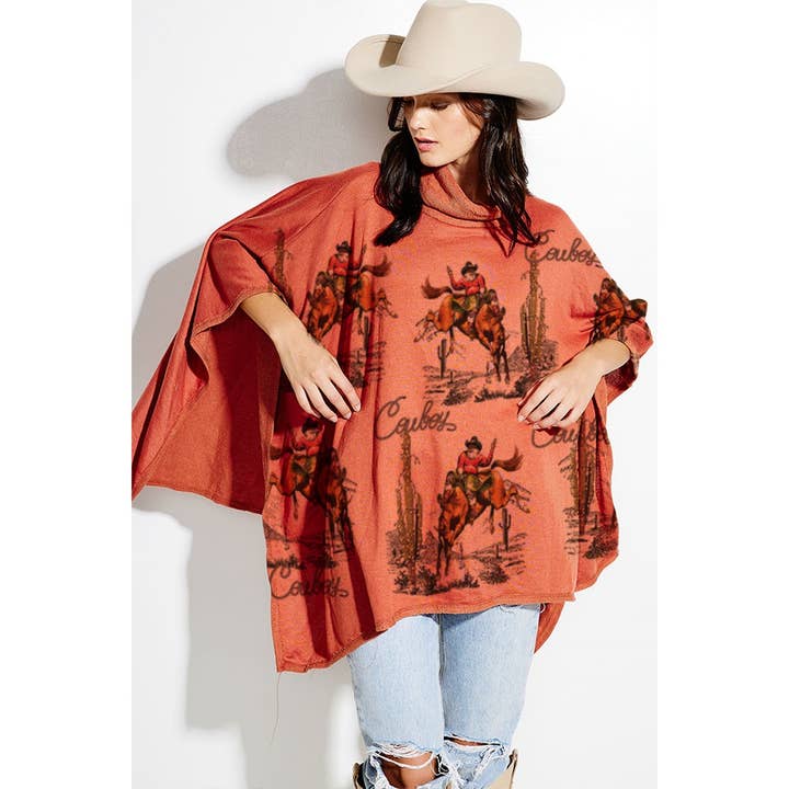 Rodeo cowboy print sköldpadda hals poncho för wholesale av Phil Love