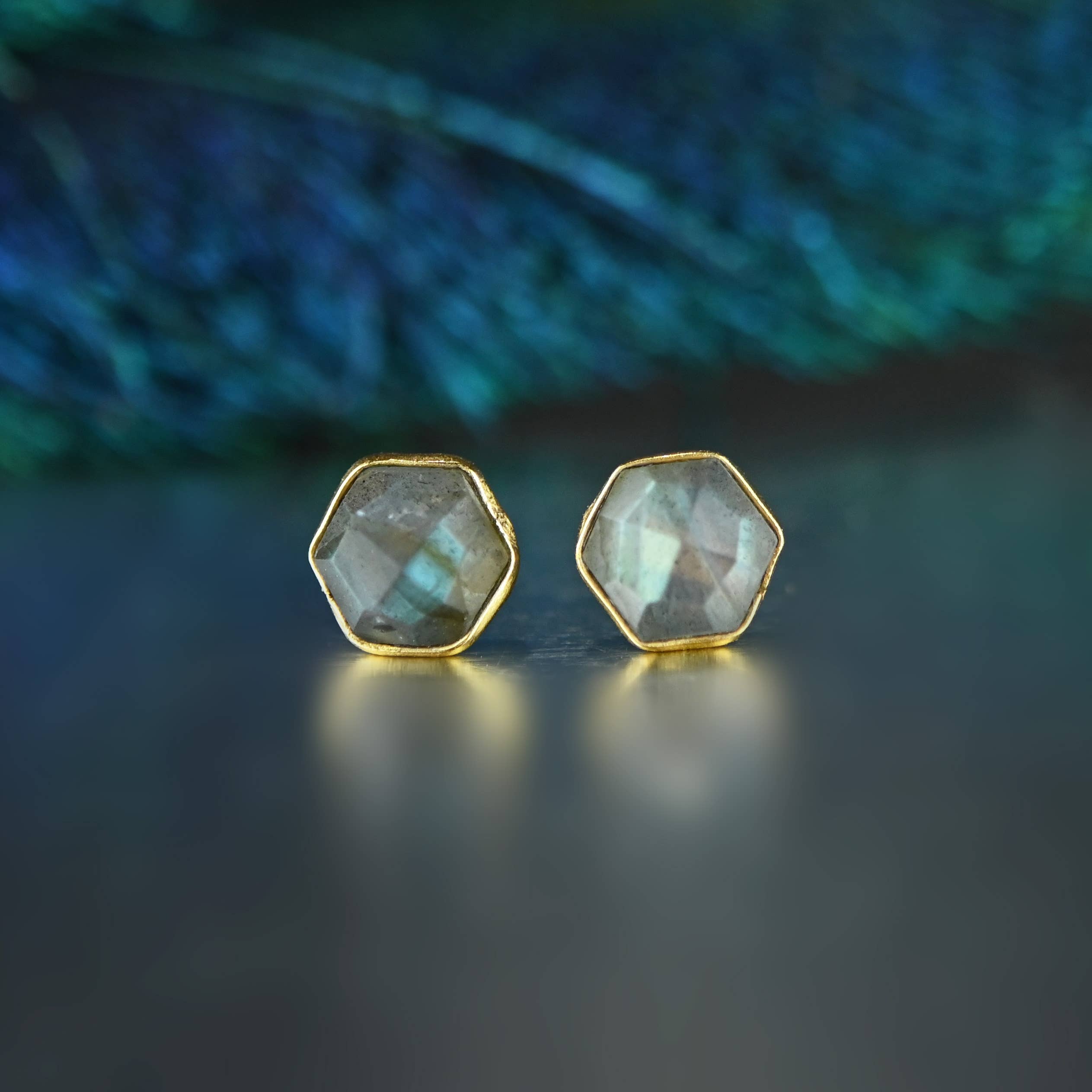 KBD Studio - Wholesale Stud/Post Earrings - Semi Precious Hexagon Gemstone Studs (8mm gold)0