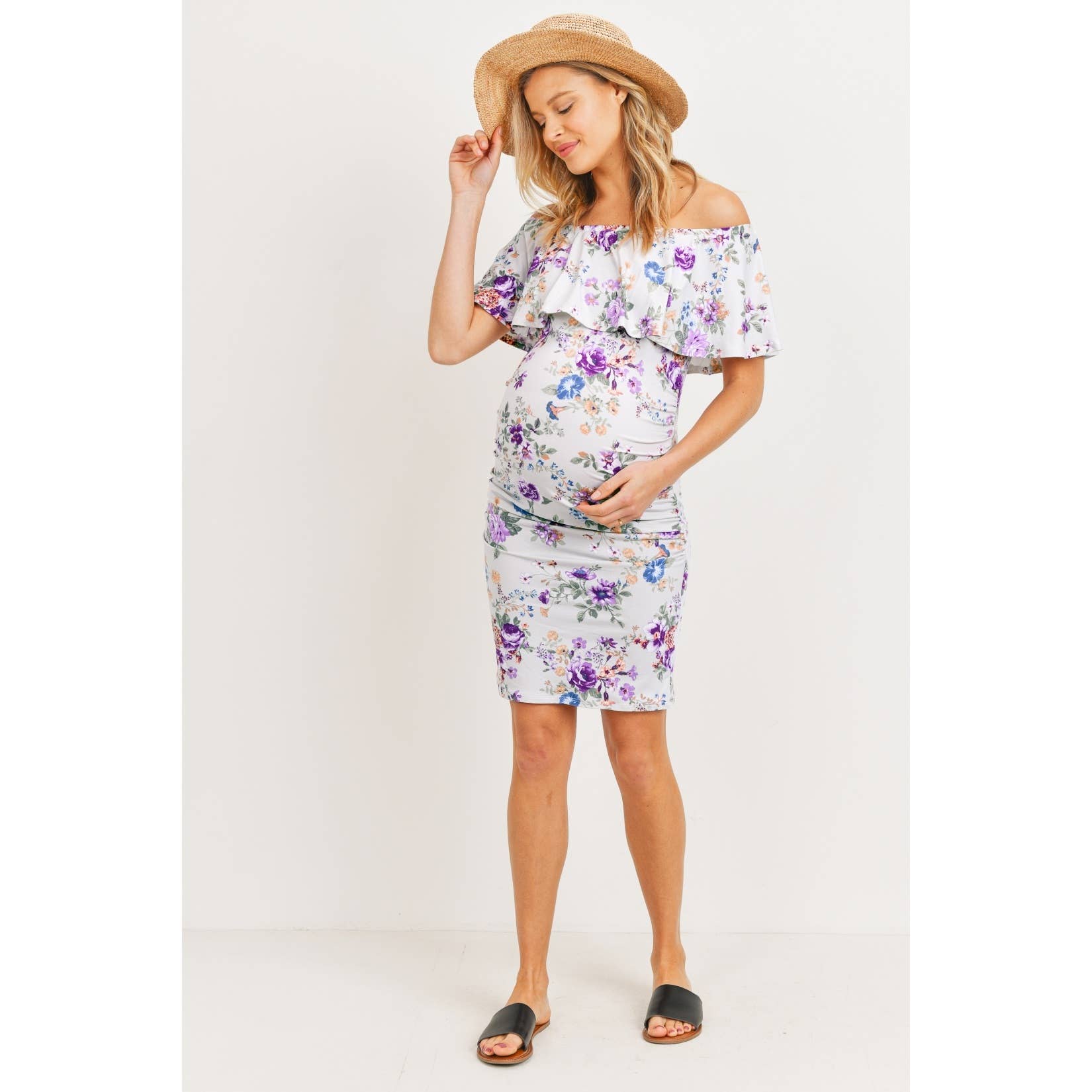 Light Grey Purple Floral Off Shoulder Ruffle Maternity Dress for wholesale on Faire7