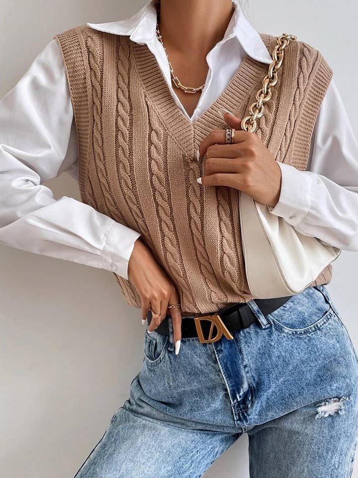 NINEXIS - Wholesale Outerwear Vest - Women's - CWOV0577_V-NECK SOLID COLOR CABLE KNIT SWEATER VEST