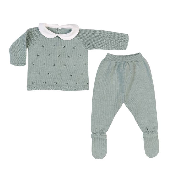 MILOU | Set tutina per bebè in maglia di cotone verde per bambini in 2 pezzi per la vendita all'ingrosso da parte di Bebe Sweeny
