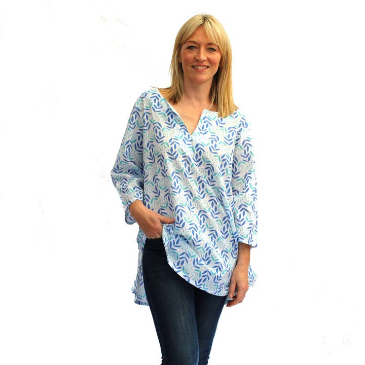 Cotton Tunic - Leaf & Bud: Turquoise & Blue Fabric for wholesale by Lime Tree Design