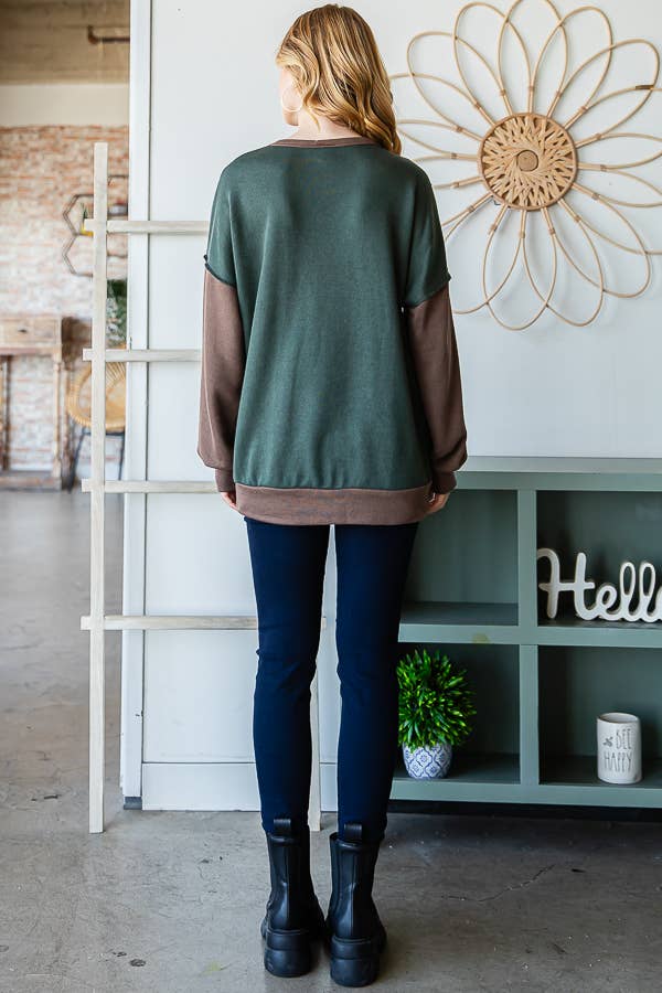 7th Ray - Wholesale Knit Top - Women's - Color Block Front Pocket Oversized Long Sleeve Top T534519