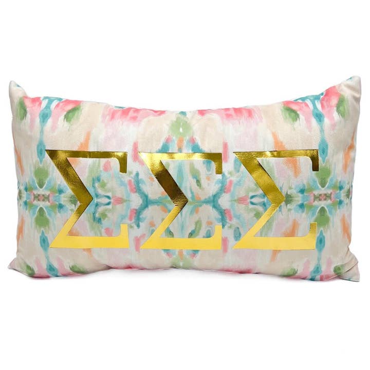 Sigma Sigma Sigma Guldfolie Kalejdoskop Græsk Pude for engroshandel hos Rachel Brooks Design, LLC