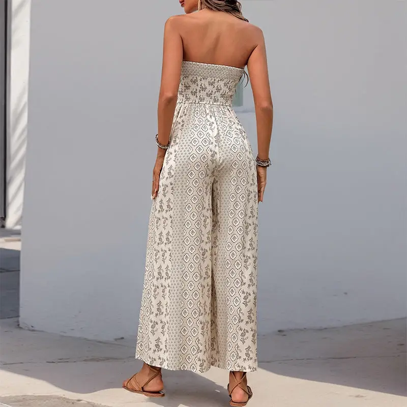 FULL TIME PURCHASE - Wholesale Jumpsuit - Women's - Strapless Smocked Romper Tube Top Flare Trousers Jumpsuit4