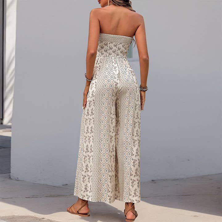 FULL TIME PURCHASE - Wholesale Jumpsuit - Women's - Strapless Smocked Romper Tube Top Flare Trousers Jumpsuit4