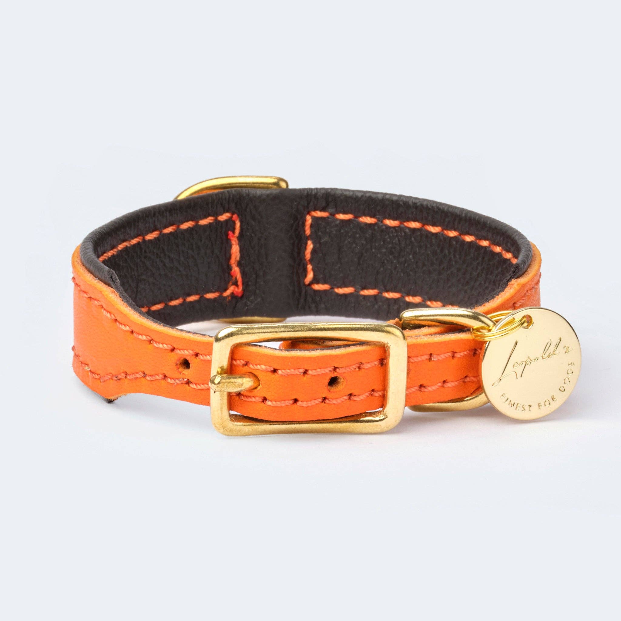 ​​Leopold's Finest for dogs – Großhandel Haustierhalsband – Hund – Glattleder Halsband orange/dunkelbraun/gold1