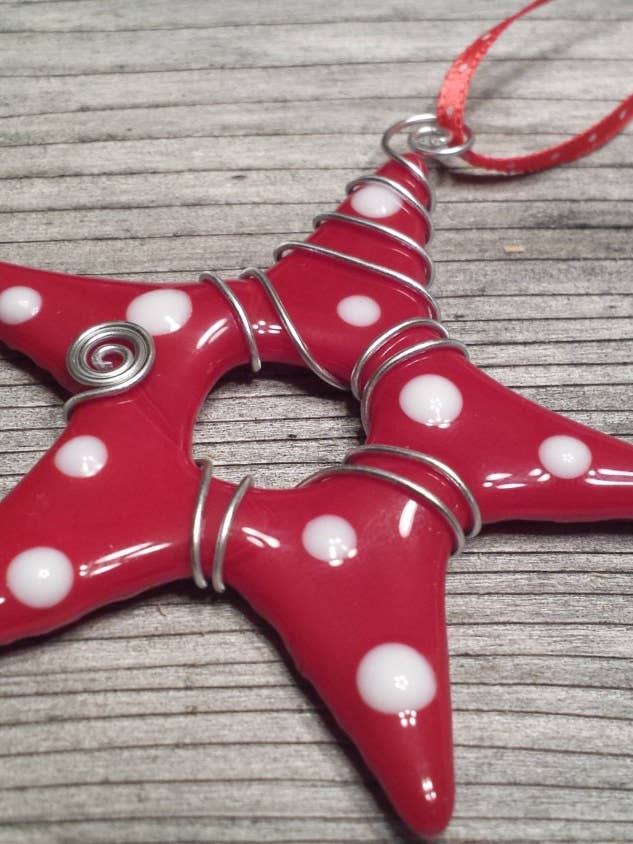 Star Ornament -Red With White Polka Dots for wholesale by Glassworks Idaho