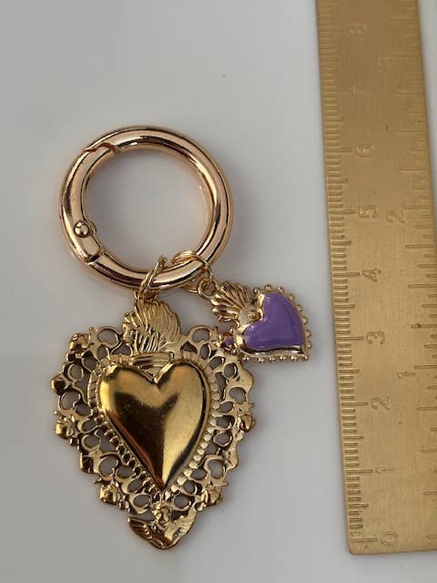 Miss DJ Angel - Wholesale Keychain – Women's - Ex-voto sacred heart charms, ex-voto bag charms, sacred heart charms gift for women, golden and purple heart charms.4