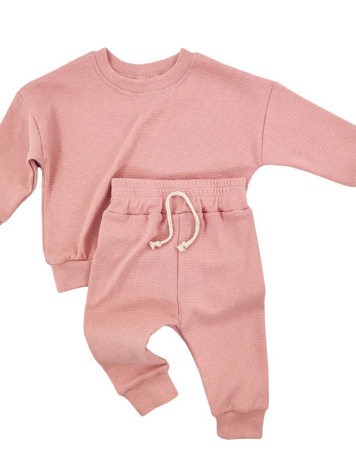 Rosy Pink Waffle Crewneck Set for wholesale by Little One Shop