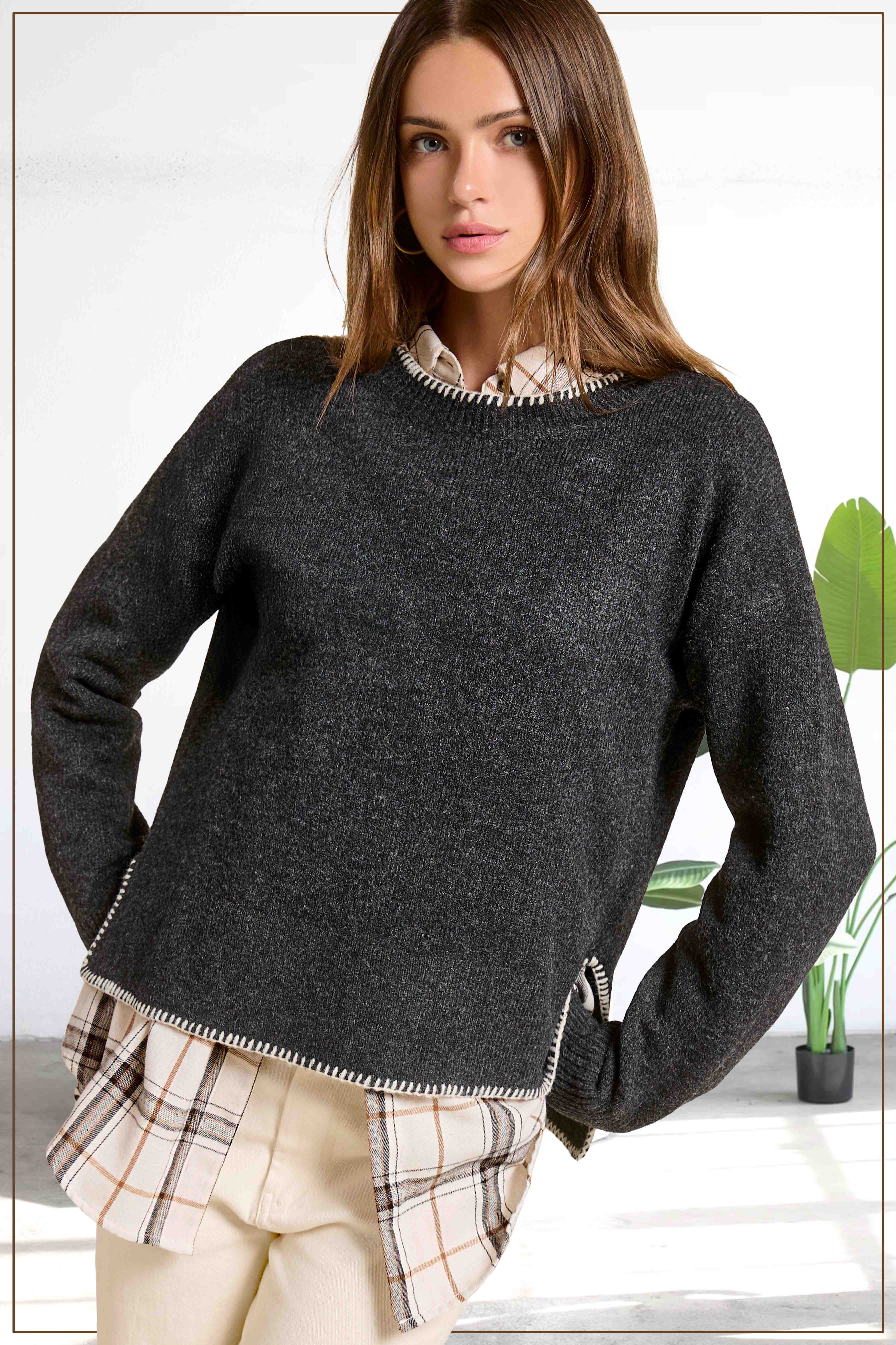 La Miel - Wholesale Knit Sweater - Women's - JDS3607-Hi-Low Crew Neck Sweater W/ Contrast Blanket Stitch0