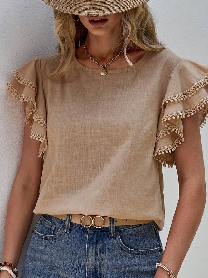 Comely Fashion - Wholesale Blouse - Women's - Plain Ruffle Sleeves Crew Neck Top