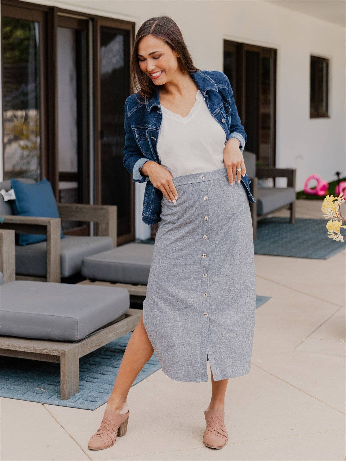 Tickled Teal - Wholesale Skirt - Women's - Scoop Hem Button Lyla Skirt7