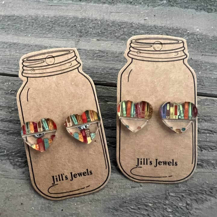 Book Shelf Heart Stud Earrings for wholesale by Jill's Jewels