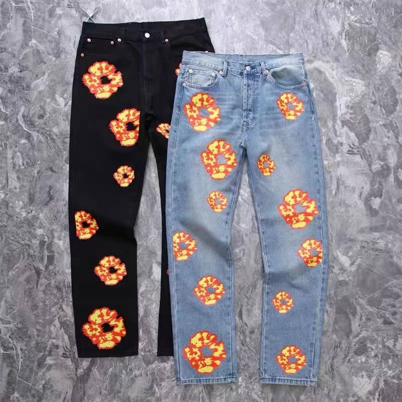 Tourtiwi - Wholesale Jeans - Men's - Flame Kapok Print Jeans Couples Unisex Trousers Straight3