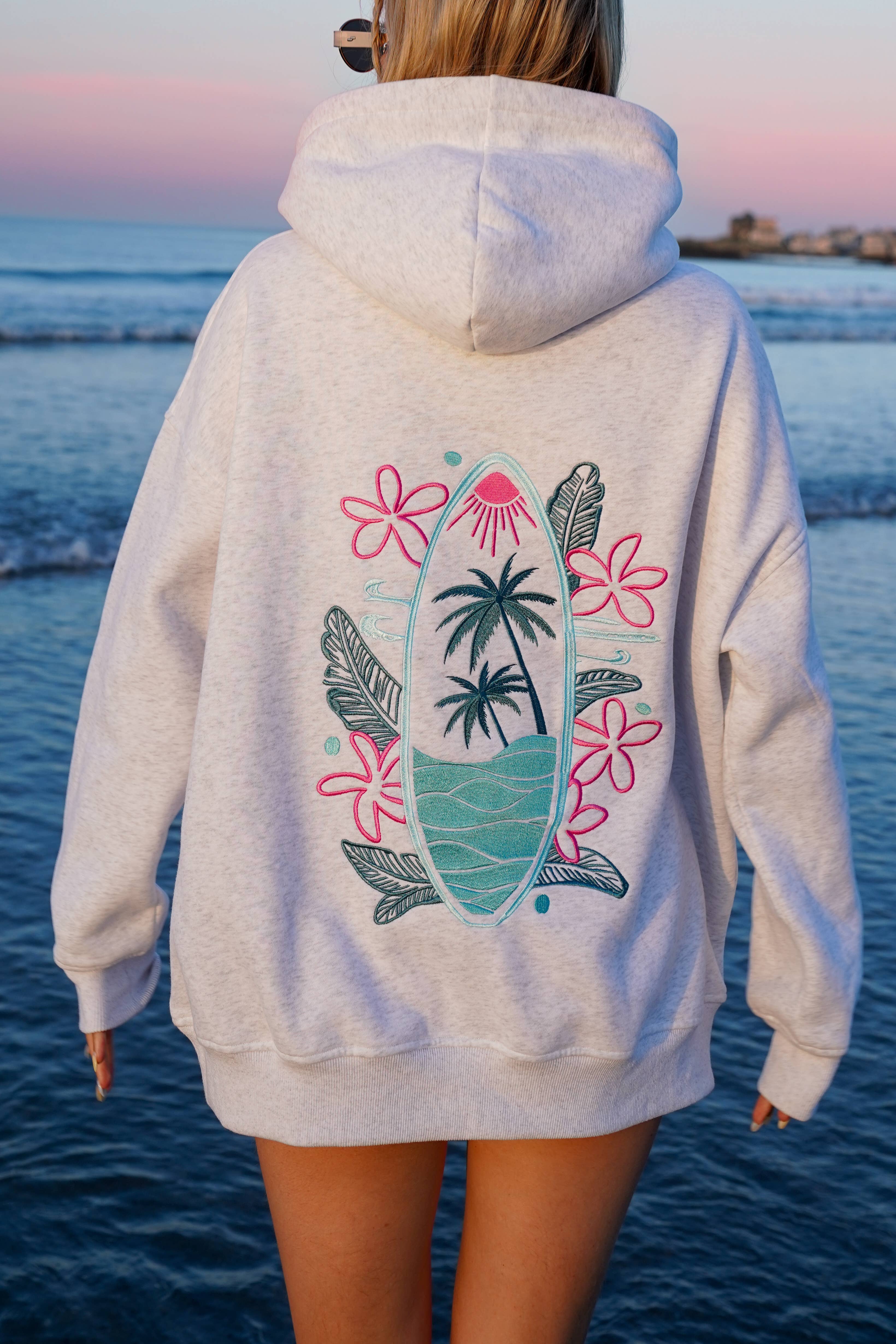 Pearl Grey Surfing The Waves Embroider Hoodie for wholesale on Faire17