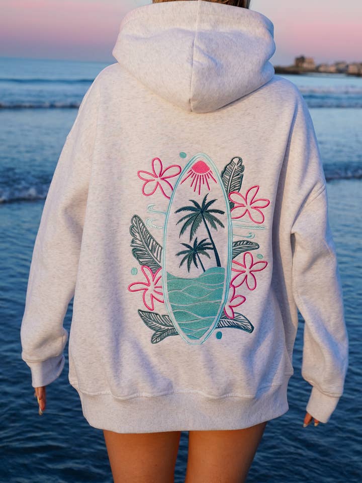 Pearl Grey Surfing The Waves Embroider Hoodie for wholesale on Faire17