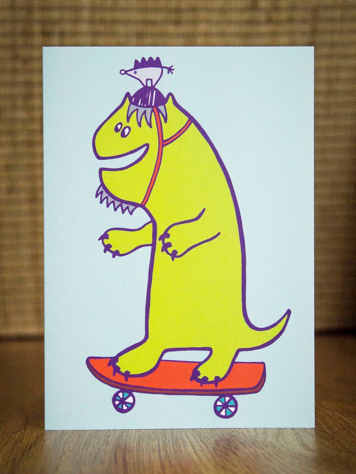 Skate Dinosaur Greeting Card for wholesale by Lunar Apple