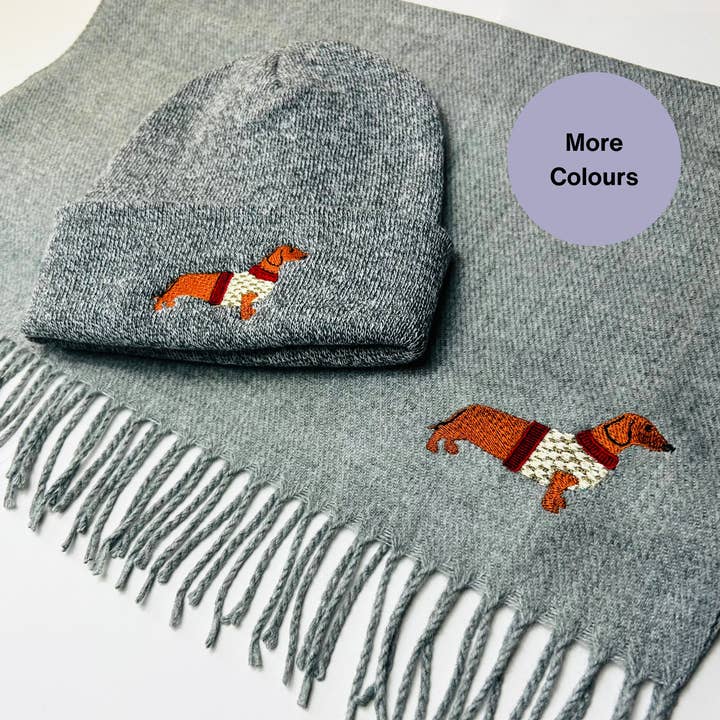 Matching Dachshund embroidered winter scarf and beanie set for wholesale by Thread and Needles Co